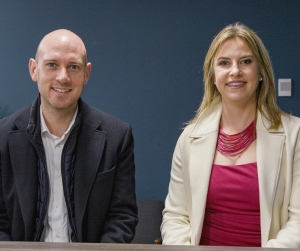 Dr Ben FIsher, Associate Dean (Enterprise and Knowledge Exchange), with Jessica Williams, foiunder of Just Williams.