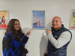 The poster for Bangla Surf Girls, flanked by Bigger Pictures and ReeIn Ltd.&#039;s Aman Dhillon, and CVFM manager and BME Network Chairman Idree Rashid